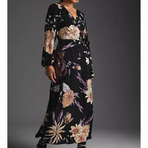 Anthropologie Hutch Floral Long Sleeve Wrap Dress Black Size S - Picture 1 of 15